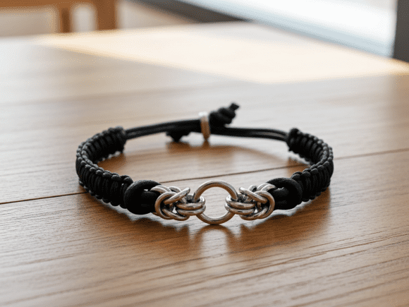 Alyce n Maille Stainless Steel and Black Leather Bracelet