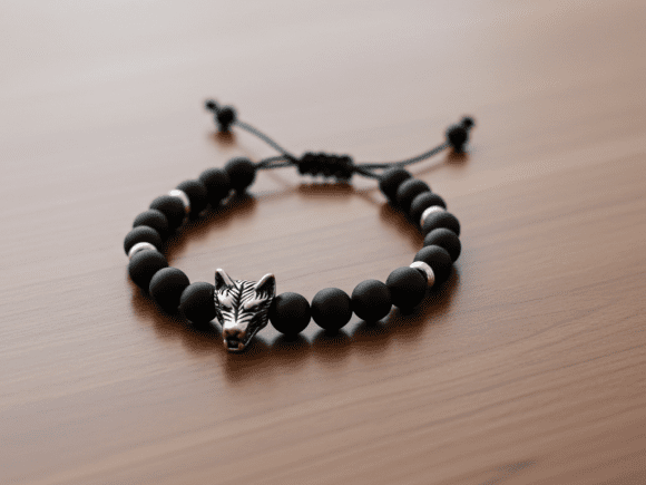 Matte Onyx and Leather Wolf Bracelet